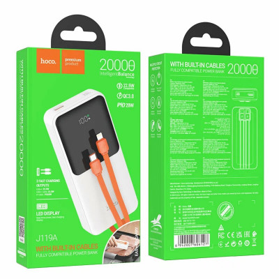 Зовнішній акумулятор HOCO J119A Sharp charger 22.5W+PD20 fully compatible power bank with digital display and cable(20000mAh) White - изображение 7