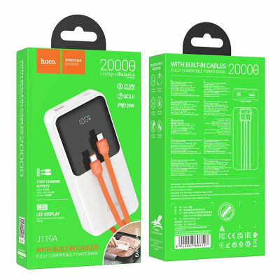 Зовнішній акумулятор HOCO J119A Sharp charger 22.5W+PD20 fully compatible power bank with digital display and cable(20000mAh) White - зображення 7