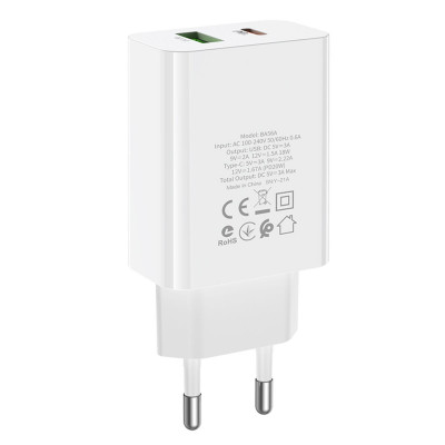Мережевий зарядний пристрій BOROFONE BA56A Lavida dual port PD20W+QC3.0 charger White (BA56AW) - зображення 2