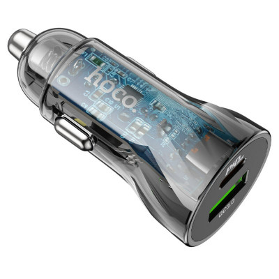 Автомобільний зарядний пристрій HOCO Z47A Transparent Discovery Edition dual port PD30W+QC3.0 car charger set(C to iP) Transparent Black (6931474782298) - зображення 1