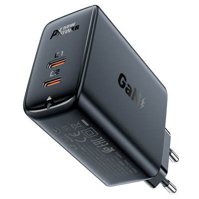 Мережевий зарядний пристрий ACEFAST A29 PD50W GaN (USB-C+USB-C) двухпортовое зарядное устройство, черное (AFA29B) - изображение 2