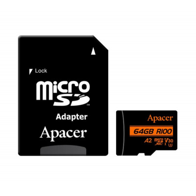 microSDXC (UHS-1 U3) Apacer A2 64Gb class 10 V30 (R100MB/s, W80MB/s) (adapter SD) (AP64GMCSX10U8-R) - зображення 1