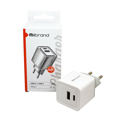 Мережевий зарядний пристрій Mibrand MI-30 GaN 30W Travel Charger USB-A + USB-C White - зображення 4