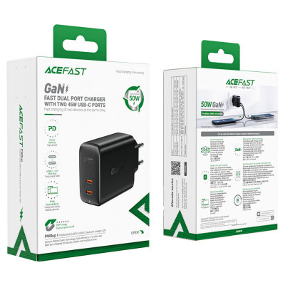 Мережевий зарядний пристрий ACEFAST A29 PD50W GaN (USB-C+USB-C) двухпортовое зарядное устройство, черное (AFA29B) - изображение 5
