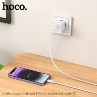 Мережевий зарядний пристрій HOCO C148A Charm single port PD30W charger set (C to iP) (EU) White (Цвет Білий) - фото № 8