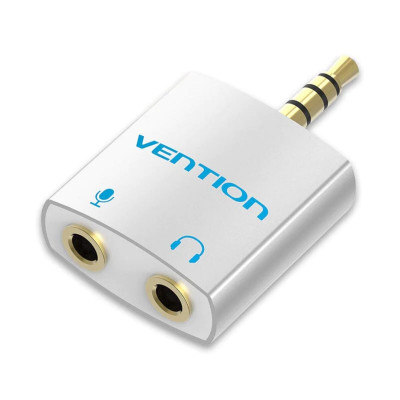 Адаптер Vention 4-полюсный аудиоадаптер типа «папа» 3,5 мм на гнездо 2*3,5 мм, серебристый металл (BDBW0) - изображение 1