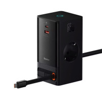 Мережевий зарядний пристрій Baseus PowerCombo Digital PowerStrip 2AC+1U+1C+Retractable-C 65W with 1.5m power cord EU Black (Цвет Черный) - фото № 2