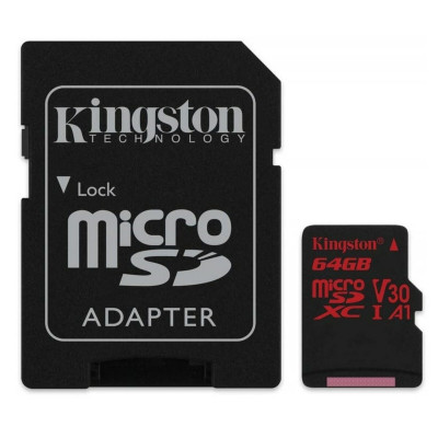 microSDXC (UHS-1 U3) Kingston Canvas React 64Gb class 10 (R100MB/s, W80MB/s) (adapter SD) - зображення 1