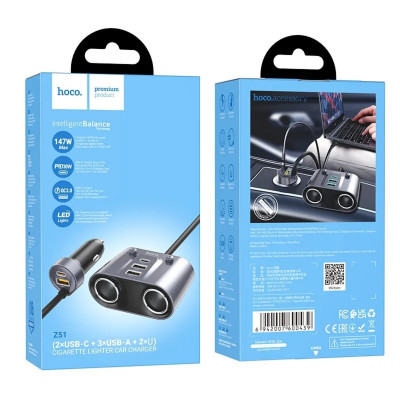 Автомобільний зарядний пристрій HOCO Z51 Establisher 147W(2C3A) 2-in-1 cigarette lighter car charger Metal Grey (6942007600439) - зображення 6