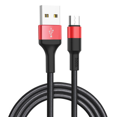 Кабель HOCO X26 USB to Micro 2A, 18W 1m, nylon,  aluminum connectors, Black+Red - зображення 1