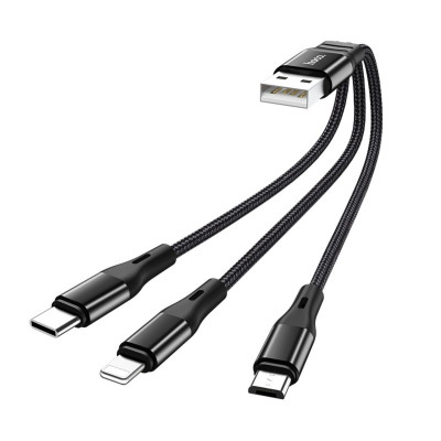 Кабель HOCO X47 USB to iP+Type-C+Micro 2.4A, 0.25m, nylon, aluminum connectors, Black (6931474727398) - изображение 1
