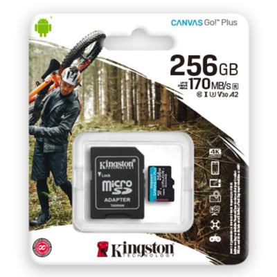 microSDXC (UHS-1 U3) Kingston Canvas Go Plus 256Gb 10 A2 V30 (R170MB/s, W90MB/s) (adapter SD) (SDCG3/256GB) - изображение 1