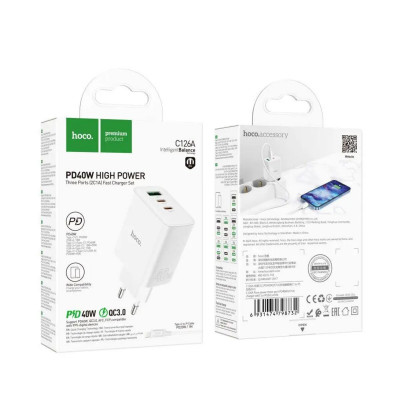 Мережевий зарядний пристрій HOCO C126A Pure power PD40W three-port(2C1A) charger set(C to iP) White - изображение 6