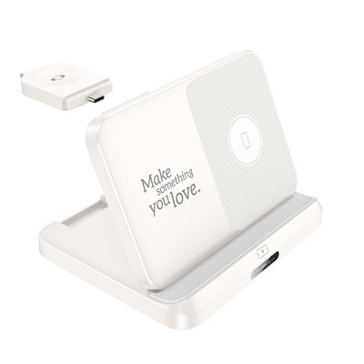 Бездротовий зарядний пристрій HOCO CQ7 Pass folding 3-in-1 wireless fast charger(iWatch+SAM) Milky White - изображение 2