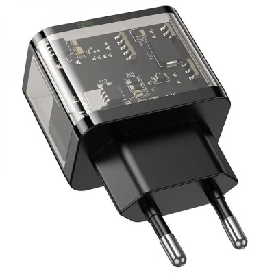 Мережевий зарядний пристрій HOCO N34 Dazzling dual-port PD20W+QC3.0 charger Transparent Black - изображение 6