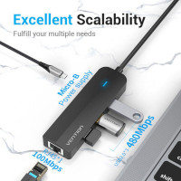 USB-хаб Vention USB-C to USB 3.0*3/RJ45/Micro-B HUB 0.15M Black ABS Type (Цвет Черный) - фото № 3