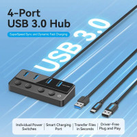 USB-хаб Vention USB 3.0 to USB 3.0 x4+USB C Hub With Individual Power Switches 1M Black (CHWBF) (Цвет 7073) - фото № 2