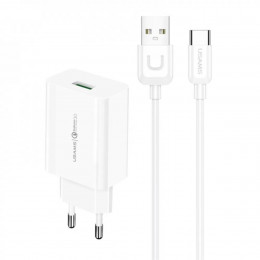 МЗП Usams T48 Travel Charger Kit 18W (T22 Single USB QC3.0 Charger EU+Uturn Type-C Cable 1M) White