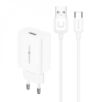 МЗП Usams T48 Travel Charger Kit 18W (T22 Single USB QC3.0 Charger EU+Uturn Type-C Cable 1M) White - изображение 1
