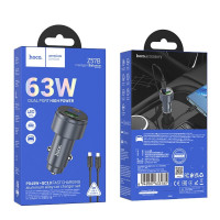 Автомобільний зарядний пристрій HOCO Z57B Glorious 63W dual-port digital display PD45W+QC3.0 car charger set (C to C) Metal Gray (Колір Metal Gray) - фото № 2