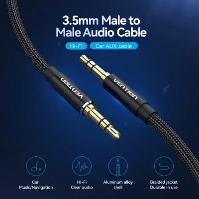 Кабель Vention Cotton Braided 3.5mm Male to Male Audio Cable 0.5M Black Aluminum Alloy Type (BAWBD) - изображение 3