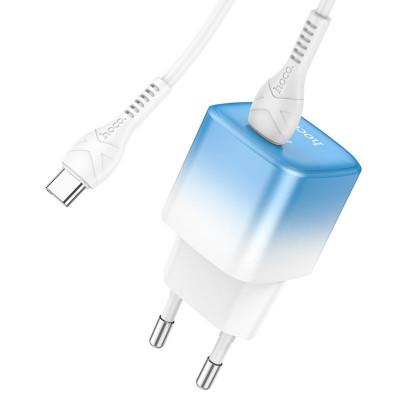 Мережевий зарядний пристрій HOCO C101A single port PD20W charger set(Type-C to Type-C) Ice Blue - зображення 1