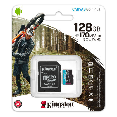 microSDXC (UHS-1 U3) Kingston Canvas Go Plus 128Gb 10 A2 V30 (R170MB/s, W90MB/s) (adapter SD) (SDCG3/128GB) - изображение 1