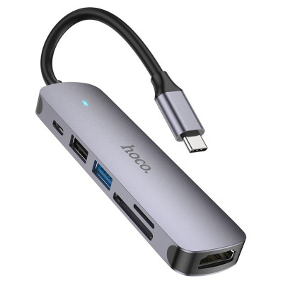 Кабель-перехiдник HOCO HB28 Type-C multi-function converter(HDTV+USB3.0+USB2.0+SD+TF+PD) Metal Gray - зображення 1