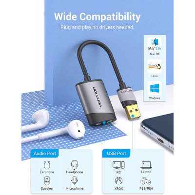 Адаптер Vention USB External Sound Card 0.15M Grey Metal Type (CDKHB) - зображення 3