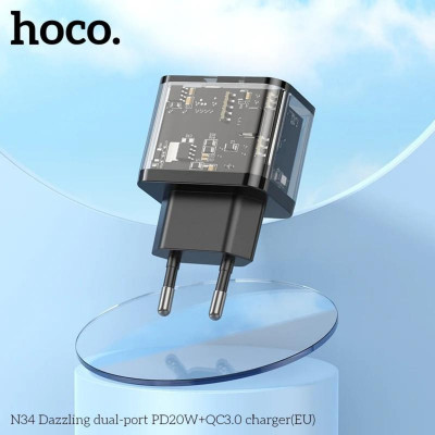 Мережевий зарядний пристрій HOCO N34 Dazzling dual-port PD20W+QC3.0 charger Transparent Black - изображение 7