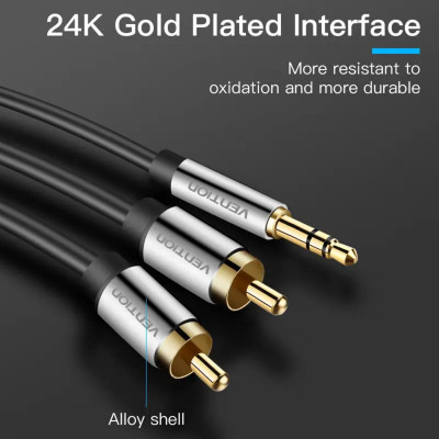 Кабель Vention 3.5mm Male to 2RCA Male Audio Cable 2M Black Metal Type (BCFBH) - изображение 3
