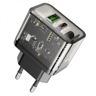 Мережевий зарядний пристрій HOCO N34 Dazzling dual-port PD20W+QC3.0 charger Transparent Black - зображення 2