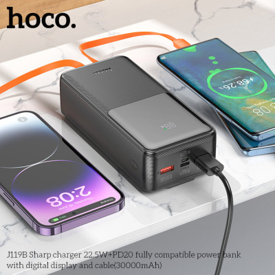 Зовнішній акумулятор HOCO J119B Sharp charger 22.5W+PD20 fully compatible power bank with digital display and cable(30000mAh) Black - изображение 4