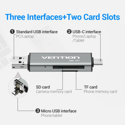 Картрідер Vention USB2.0 Multi-function Card Reader Gray (CCJH0) - изображение 3
