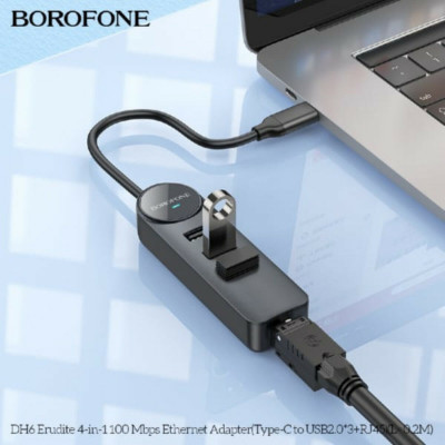 Адаптер Borofone DH6 Erudite 4-in-1 100 Mbps Ethernet Adapter(Type-C to USB2.0*3+RJ45)(L=0.2M) Black (6941991104282) - зображення 4