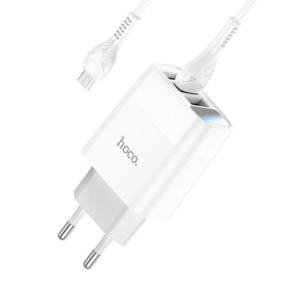 Мережевий зарядний пристрій HOCO C93A Easy charge 3-port digital display charger set(Micro) White - зображення 4