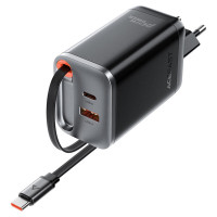 Мережевий зарядний пристрій ACEFAST A111 PD67W GaN charger(2*USB-C+USB-A) with retractable cable Black (Колір 7073) - фото № 3