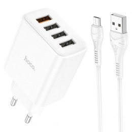 Мережевий зарядний пристрій HOCO C102A Fuerza QC3.0 four-port charger set(Micro) 18W White
