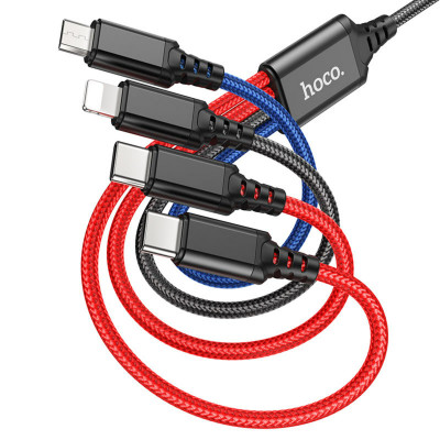Кабель HOCO X76 USB to iP+Type-C+Type-C+Micro 2A, 1m, nylon, aluminum connectors Black+Red+Blue (6931474768650) - зображення 1