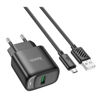 Мережевий зарядний пристрій HOCO C140A Smart single port QC3.0 charger set(Micro)(EU) Black