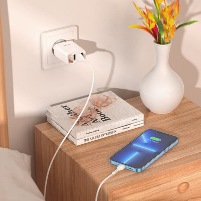 Мережевий зарядний пристрій HOCO C93A Easy charge 3-port digital display charger set(Micro) White - изображение 8