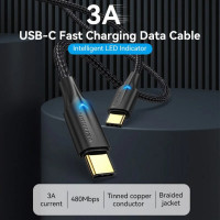 Кабель Vention Nylon Braided USB 2.0 C Male to C Male 3A Cable 2M Black LED Type (TAUBH) (Цвет 7073) - фото № 2