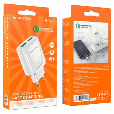 Мережевий зарядний пристрій BOROFONE BA54A Wide road dual port QC3.0 charger 18W White (BA54AW) - зображення 3