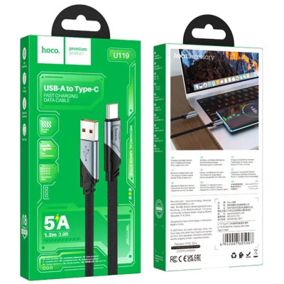 Кабель HOCO U119 USB to Type-C 5A, 1.2m, nylon, aluminum connectors, Black - изображение 4