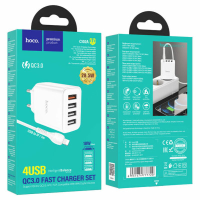 Мережевий зарядний пристрій HOCO C102A Fuerza QC3.0 four-port charger set(iP) 18W White (6931474777720) - зображення 8