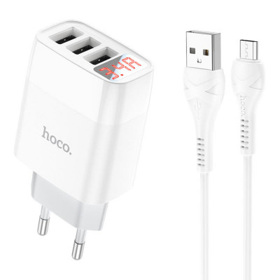 Мережевий зарядний пристрій HOCO C93A Easy charge 3-port digital display charger set(Micro) White - изображение 5