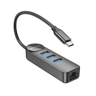 Адаптер Borofone DH6 Erudite 4-in-1 Gigabit Ethernet Adapter(Type-C to USB3.0*3+RJ45)(L=0.2M) Black - изображение 1