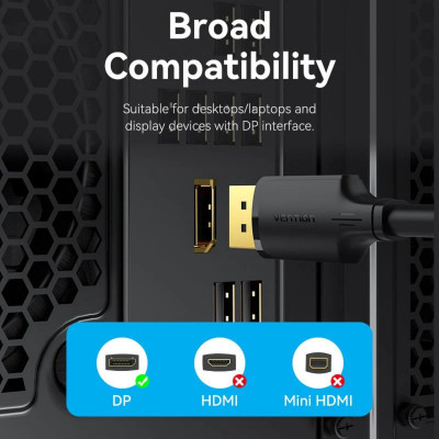Кабель Vention DisplayPort Male to Male 4K HD Cable 2M Black (HAKBH) - изображение 2