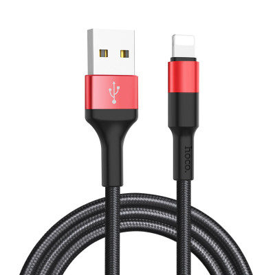 Кабель HOCO X26 USB to iP 2A, 18W 1m, nylon,  aluminum connectors, Black+Red - зображення 1