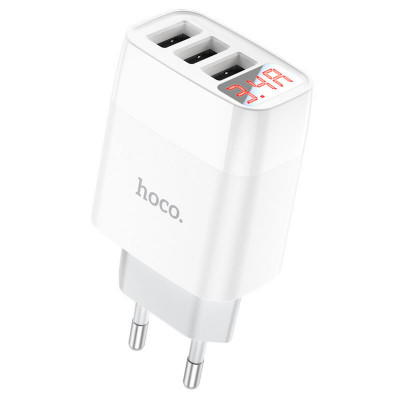 Мережевий зарядний пристрій HOCO C93A Easy charge 3-port digital display charger set(Micro) White - зображення 1